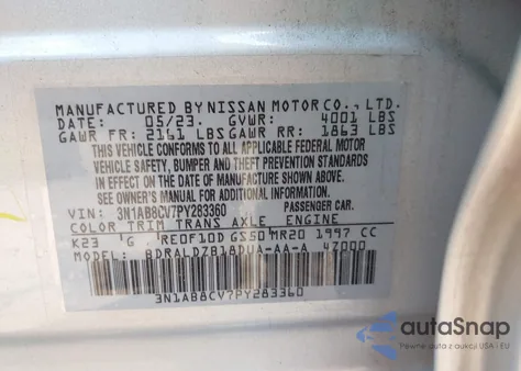 2023 Nissan Sentra Sv Xtronic Cvt z USA, uszkodzony, nr VIN 3N1AB8CV7PY283360